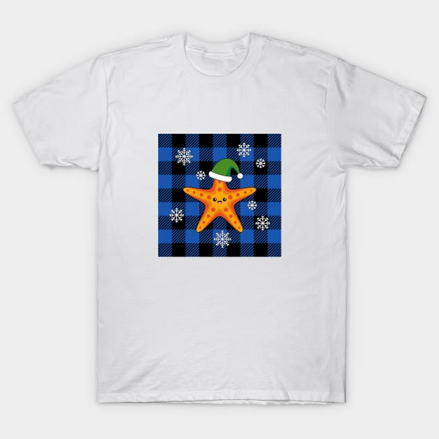 Kawaii Xmas Starfish on Blue Buffalo Pattern T-Shirt by BirdAtWork